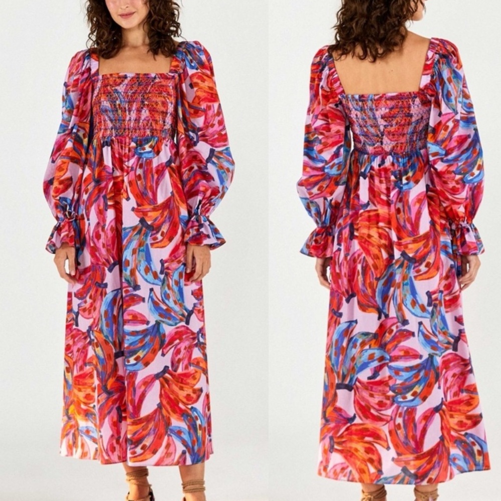 Farm Rio Colored Bananas Smocked Midi Dress - Picture 2 of 9